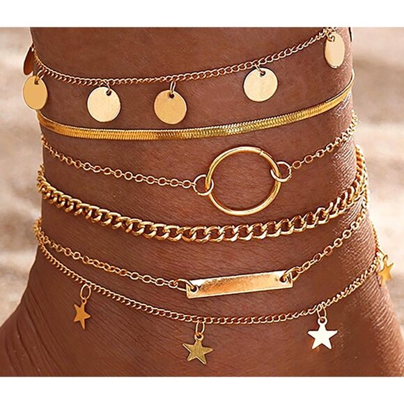 5PCS - ANKLETS Boho Charms and Beaded Layered Gold Dipped Chains Summer Set NEW - Picture 2 of 4